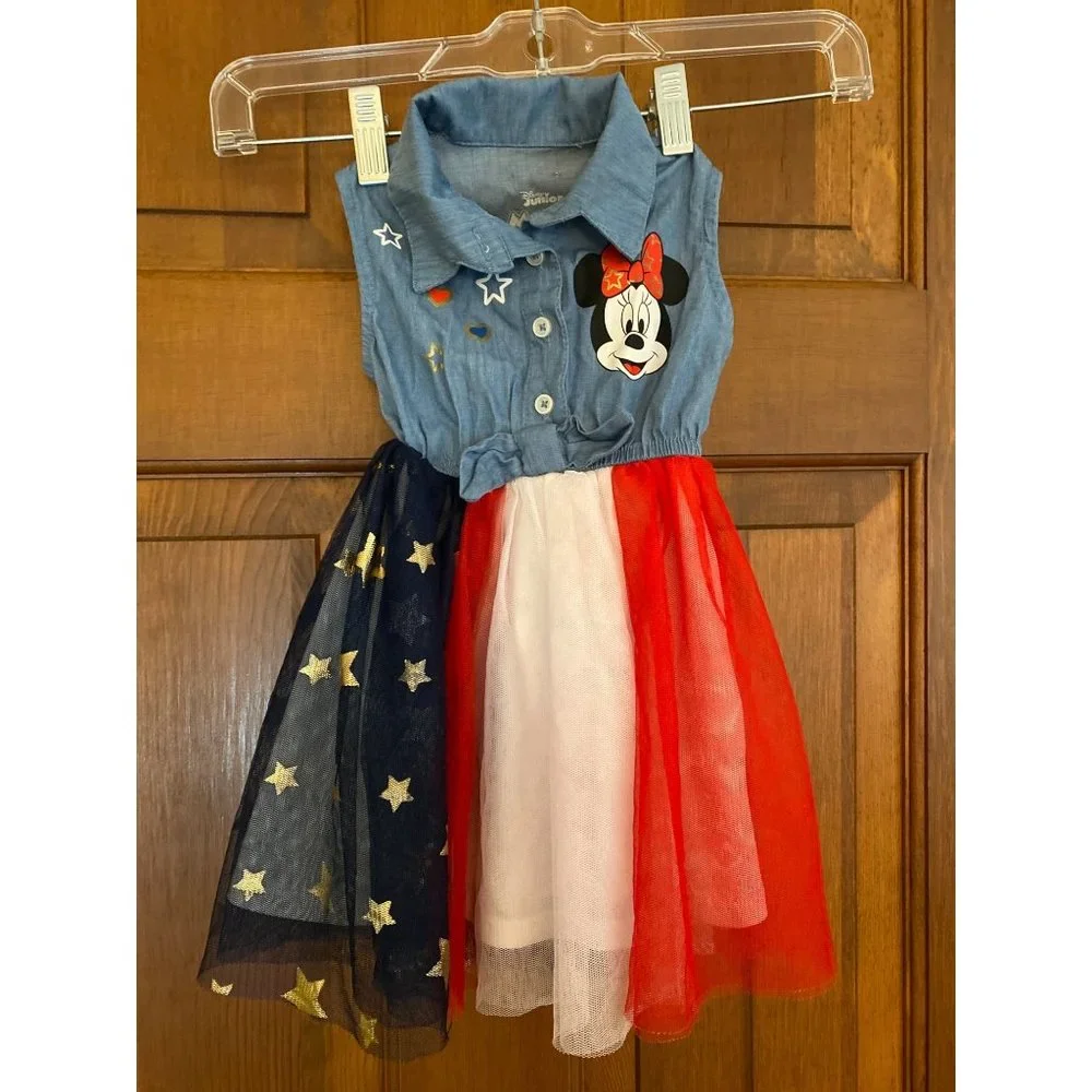 Disney Junior Dress Kids Size‎ 12M Blue Minnie Mouse Stars Stripes Flag 4th July